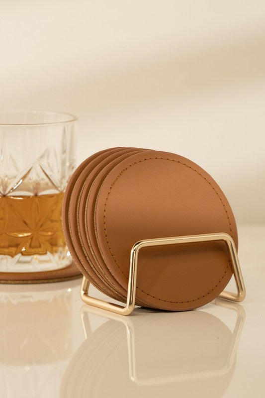 6 Round Leather Coasters Set