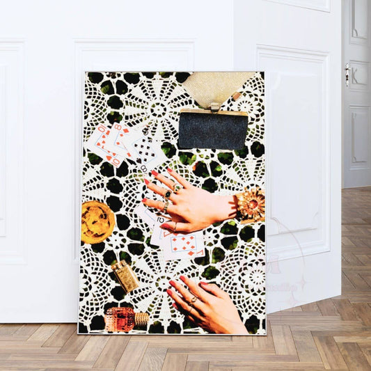 Women Poker Night Cards & Drink Print, Trendy Pink Wall Art